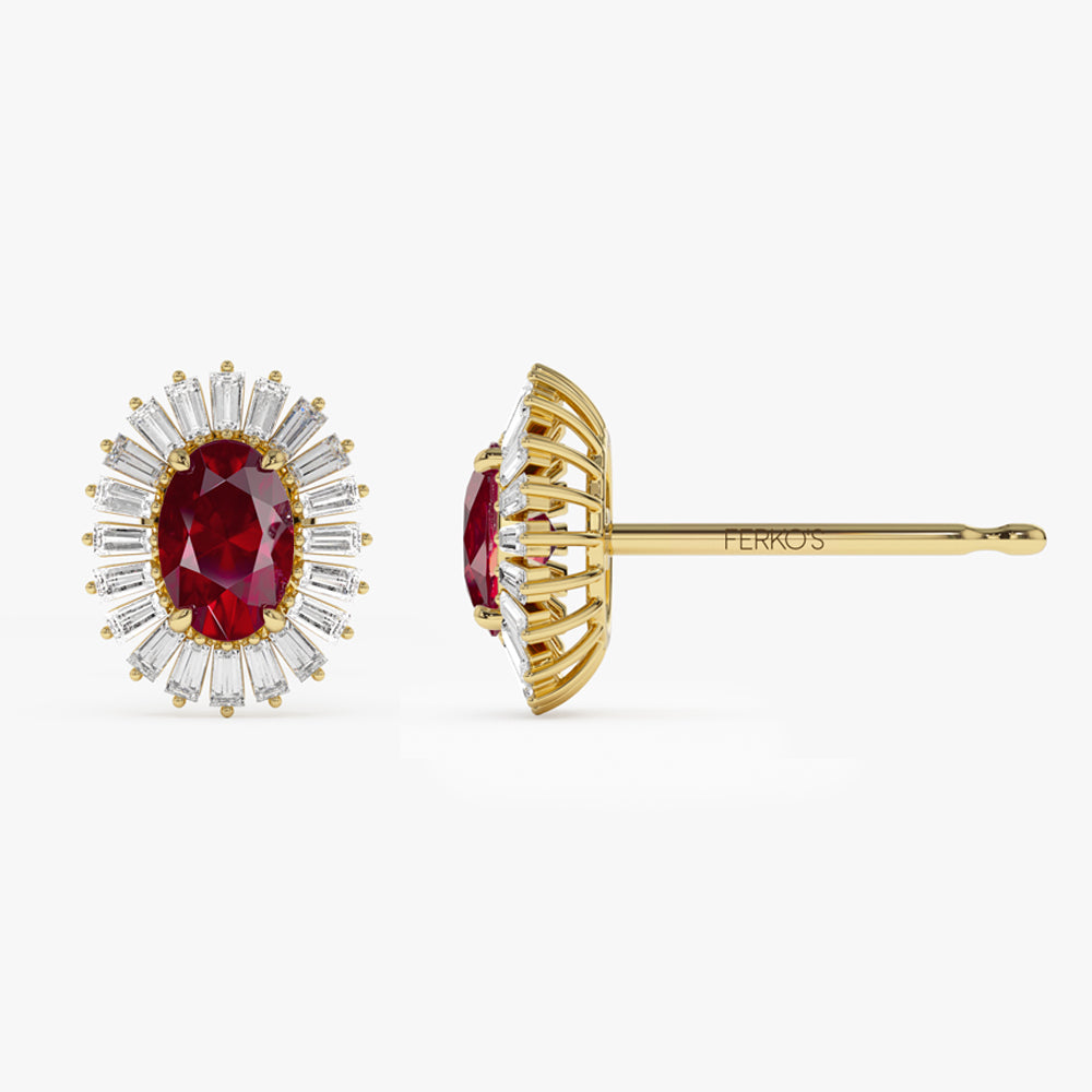 OBFJ1442 - 14k Ruby and Baguette Diamond Ballerina Stud Earrings 6