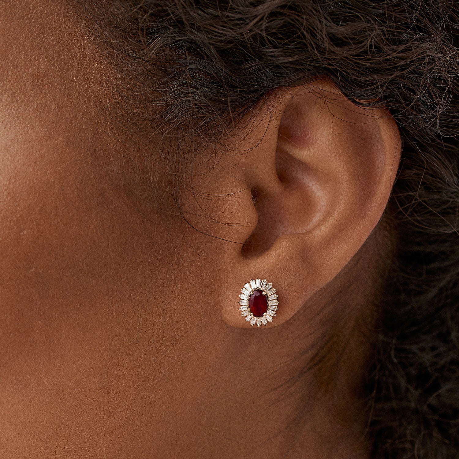 OBFJ1442 - 14k Ruby and Baguette Diamond Ballerina Stud Earrings 4