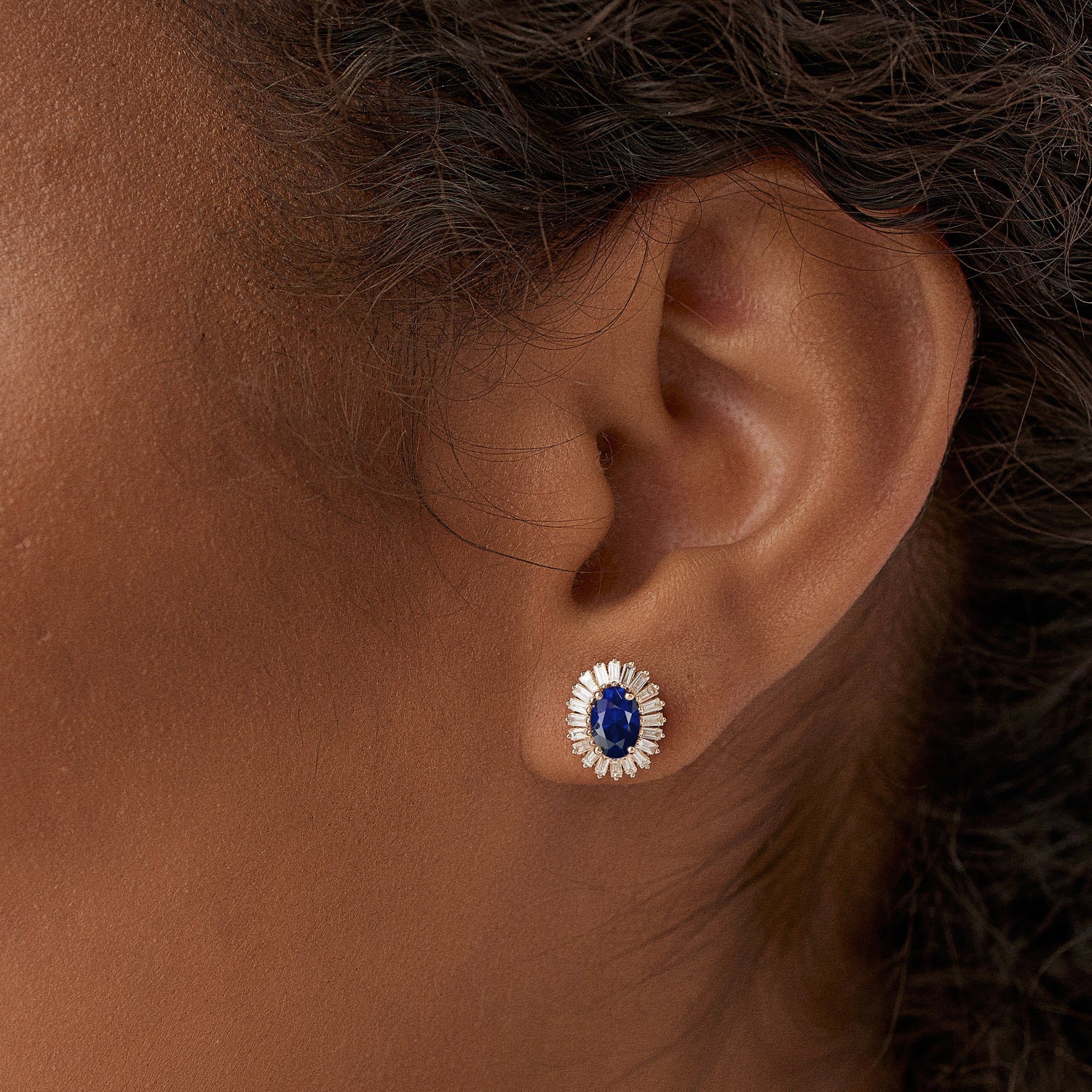 OBFJ1441 - 14k Sapphire and Baguette Diamond Ballerina Stud Earrings 4