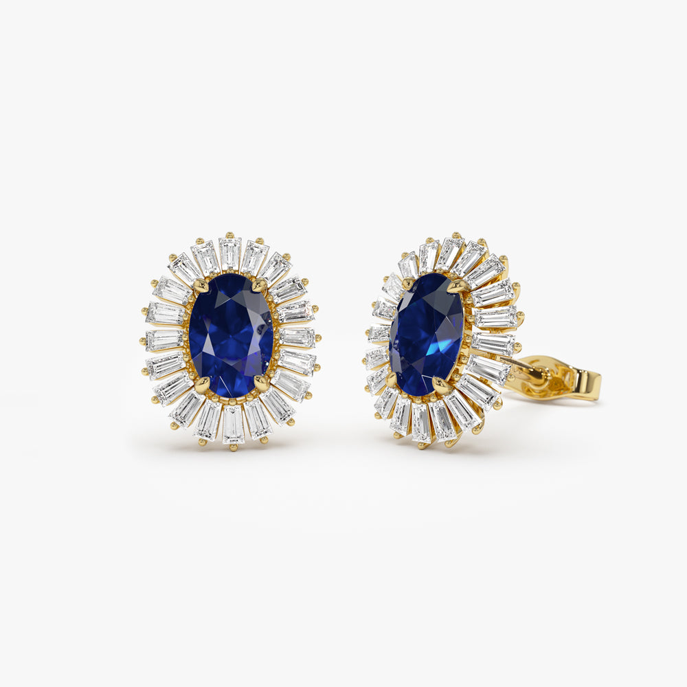 OBFJ1441 - 14k Sapphire and Baguette Diamond Ballerina Stud Earrings 1