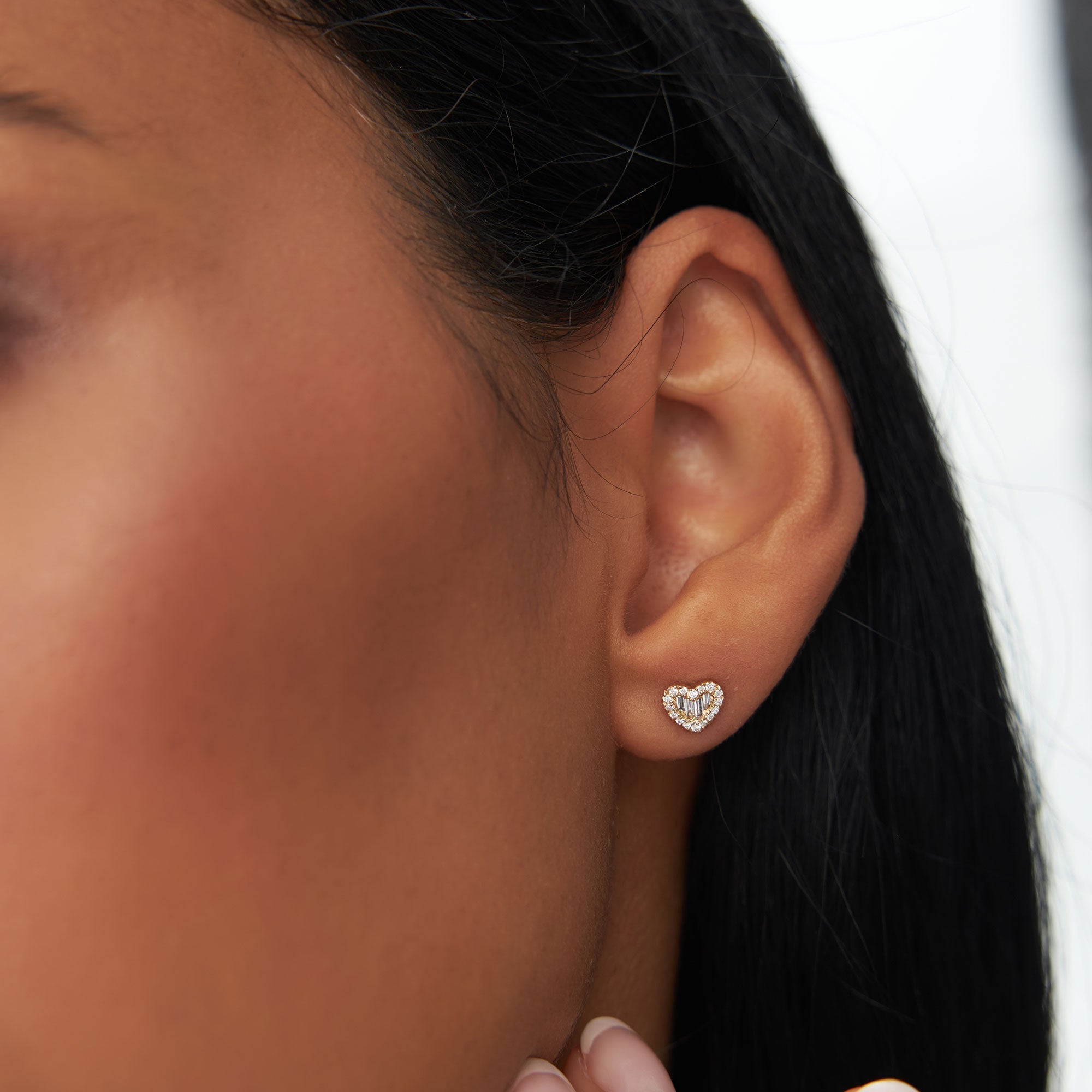 OBFJ0200 - 14K Rose Gold Mini Baguette Diamond Heart Studs 3