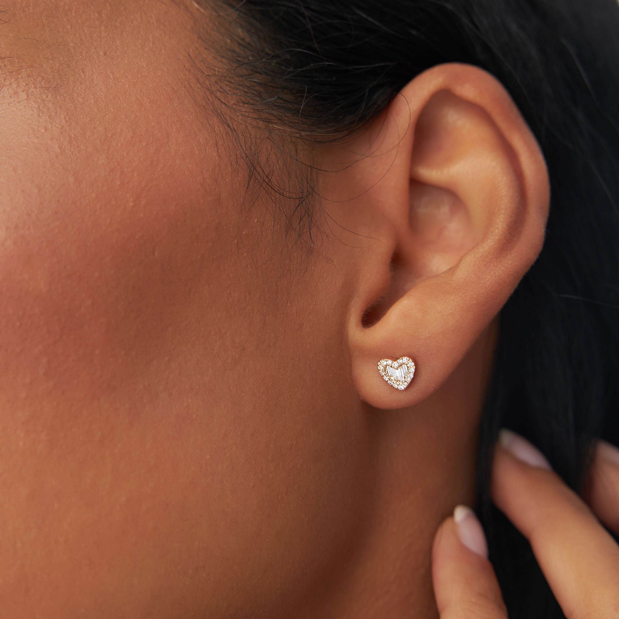 OBFJ1036 - 14K Gold Mini Baguette Diamond Heart Studs 2