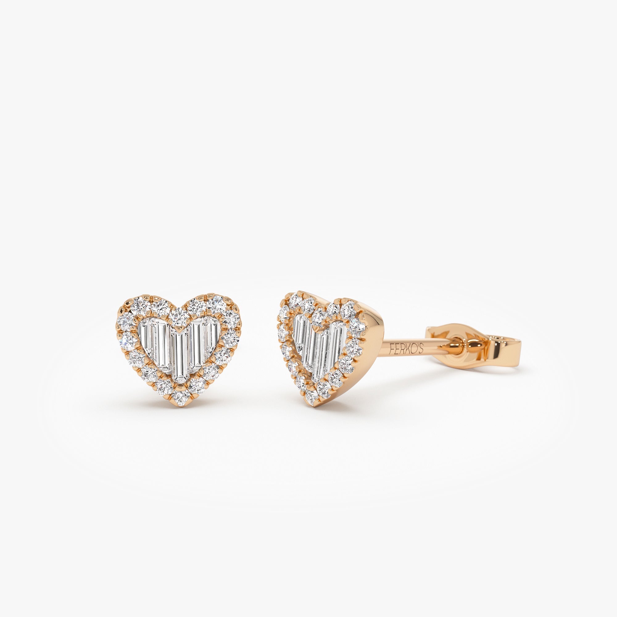 OBFJ0200 - 14K Rose Gold Mini Baguette Diamond Heart Studs 1
