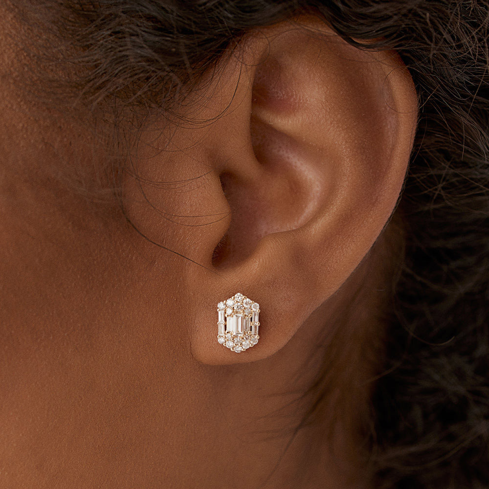 OBFJ1513 - 14k Baguette & Round Diamond Hexagon Studs 2