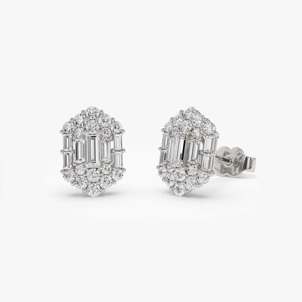 OBFJ1513 - 14k Baguette & Round Diamond Hexagon Studs 5