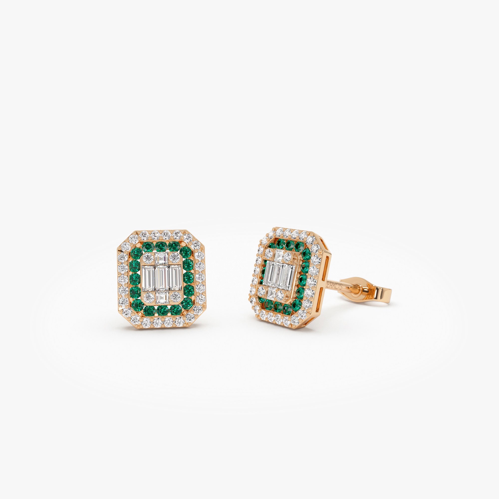 OBFJ1211 - 14k Baguette and Round Emerald Studs Halo Setting 3