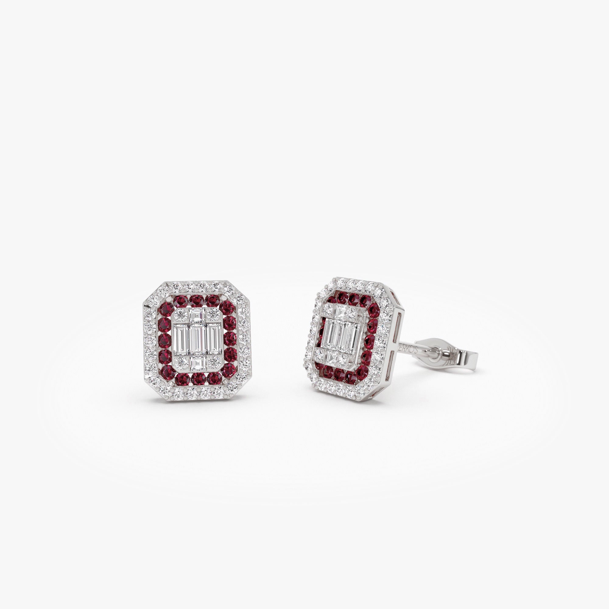 OBFJ1210 - 14k Baguette and Round Ruby Studs Halo Setting 4