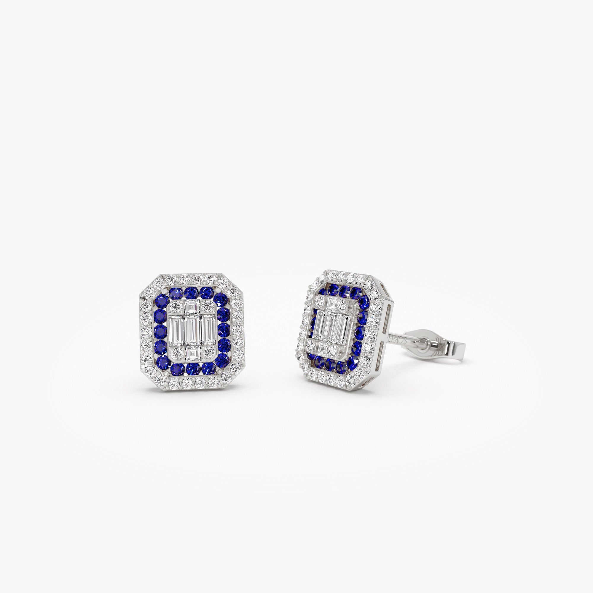 OBFJ1209 - 14k Baguette and Round Sapphire Studs Halo Setting 4