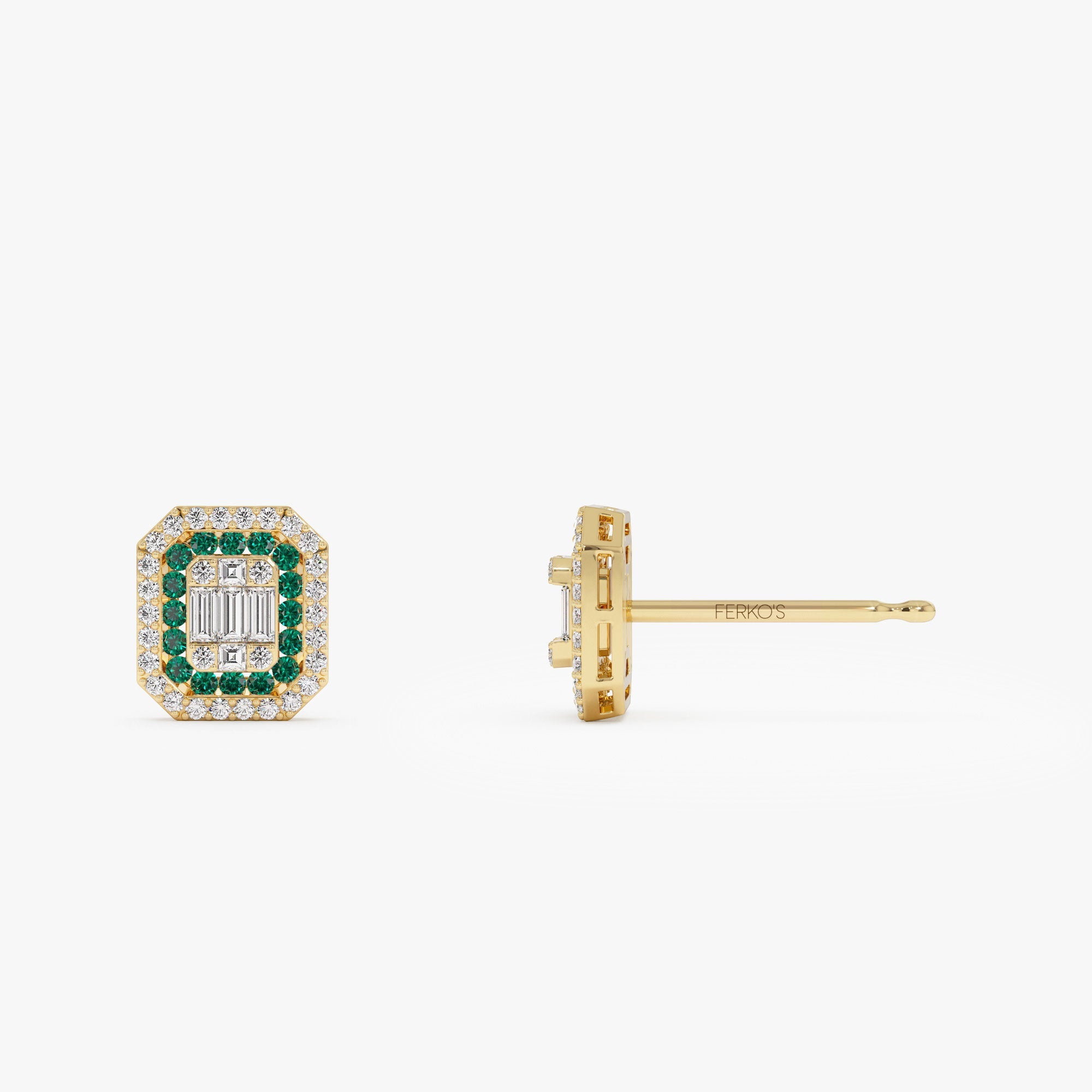 OBFJ1211 - 14k Baguette and Round Emerald Studs Halo Setting 5