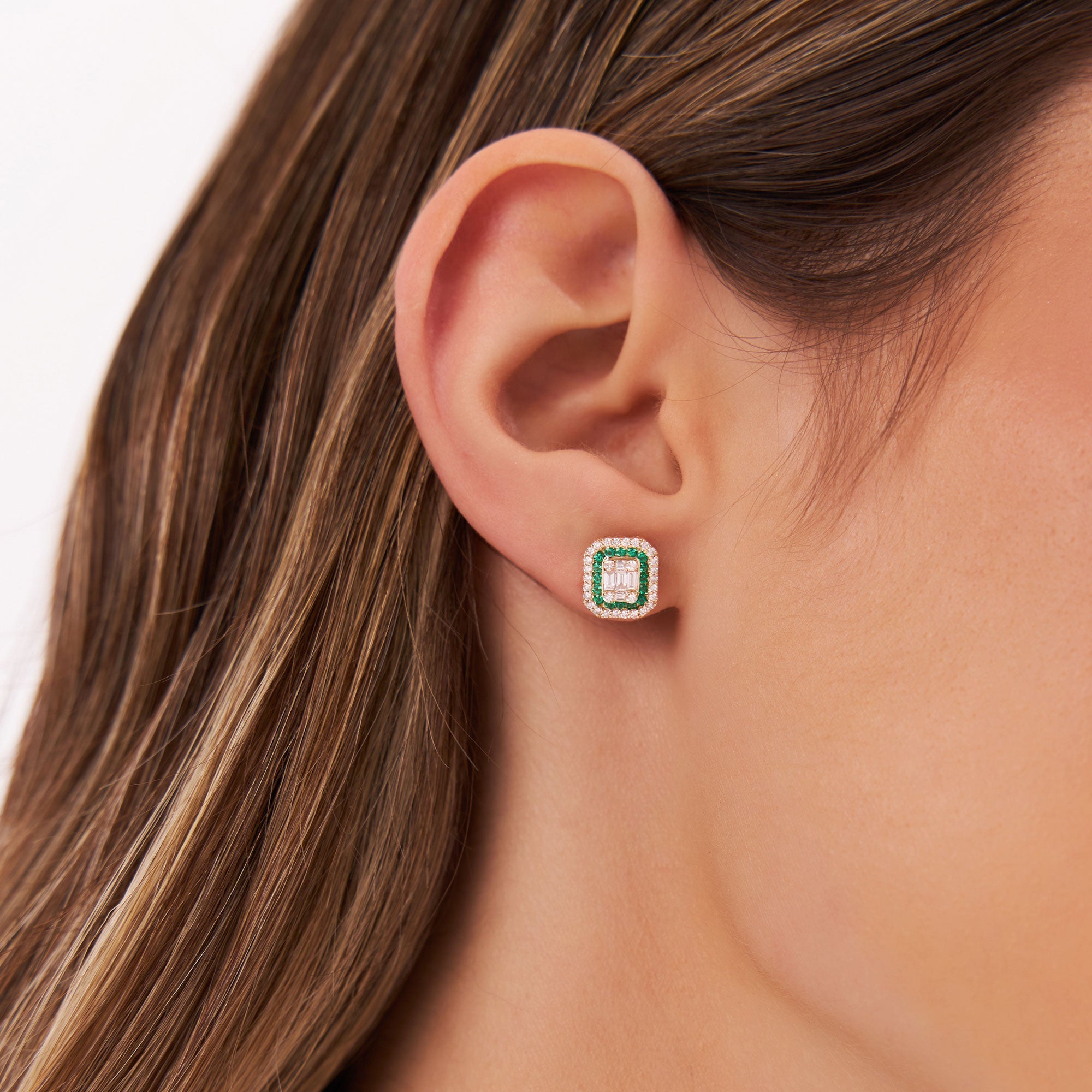 OBFJ0197 - 14k Rose Baguette and Round Emerald Studs Halo Setting 2