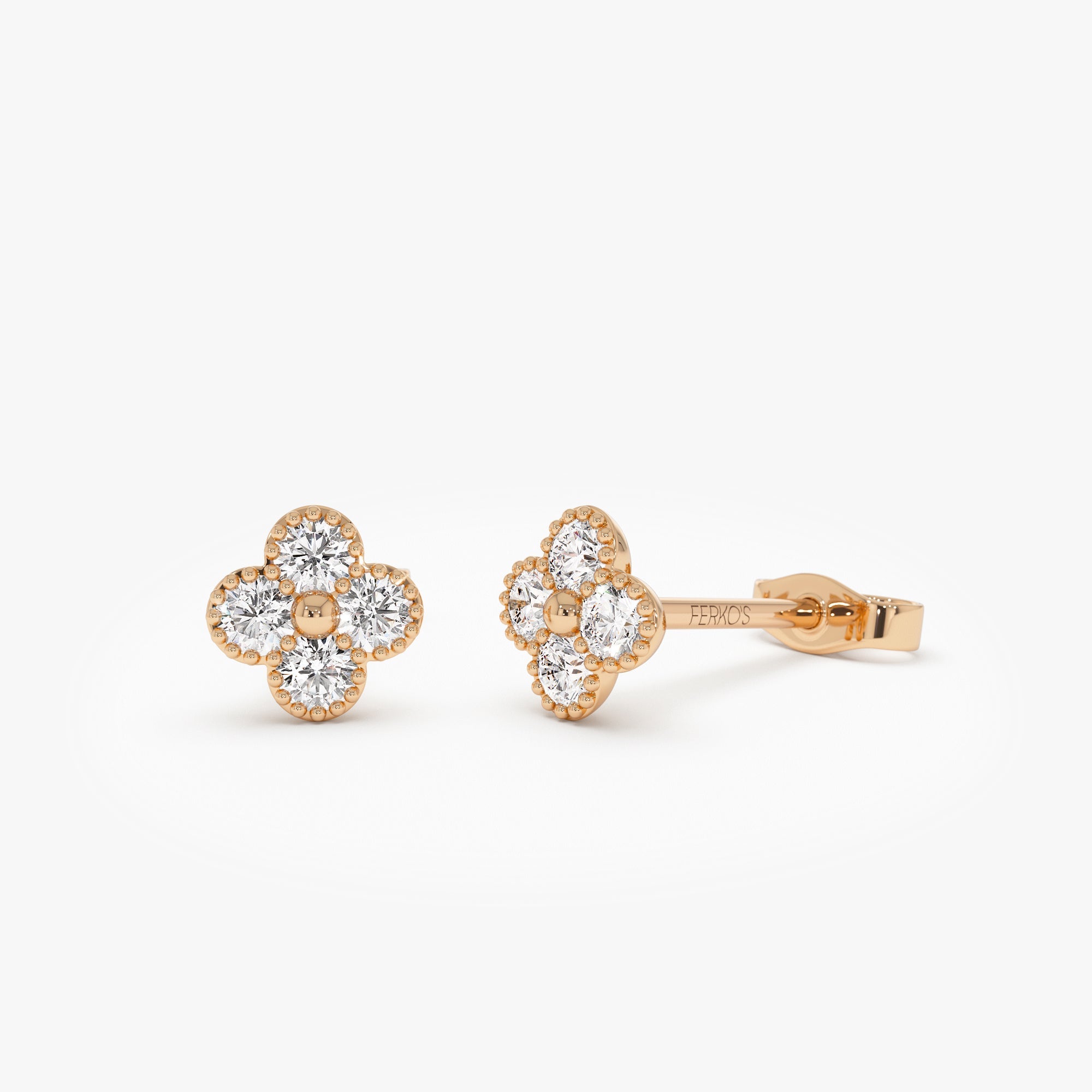 OBFJ1026 - 14k Diamond Clover Beaded Studs 4