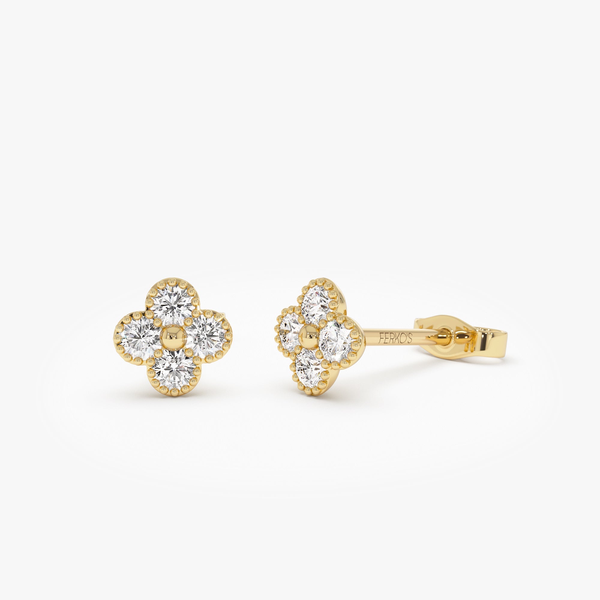 OBFJ1026 - 14k Diamond Clover Beaded Studs 1