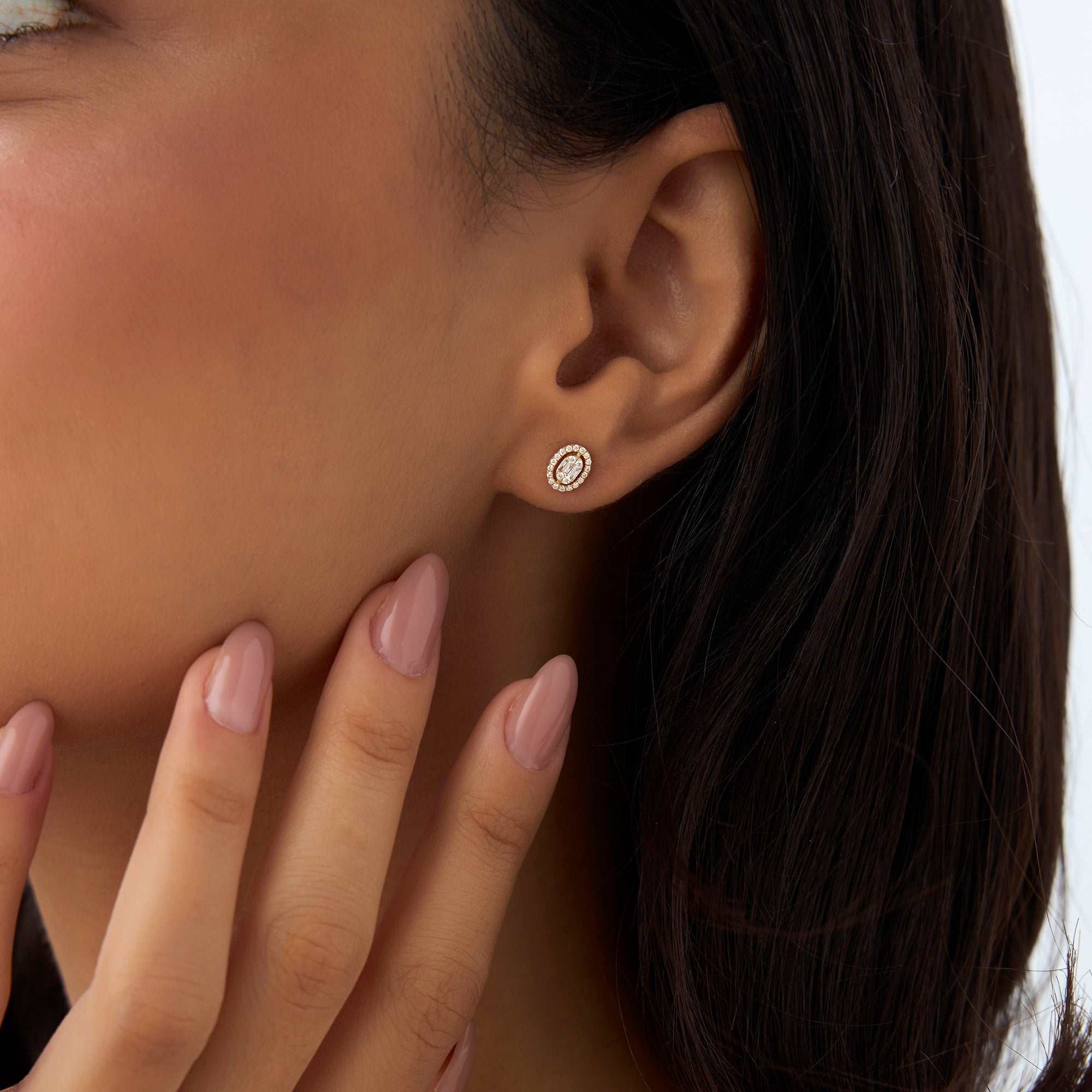 OBFJ0943 - 14k Oval Shaped Baguette & Round Diamond Mini Studs 4