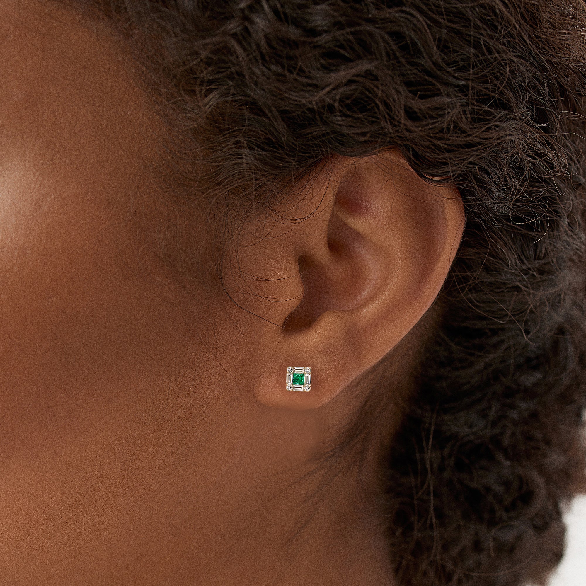 OBFJ0878 - 14K Princess-Cut Emerald Stud Earrings with Diamond Halo 4