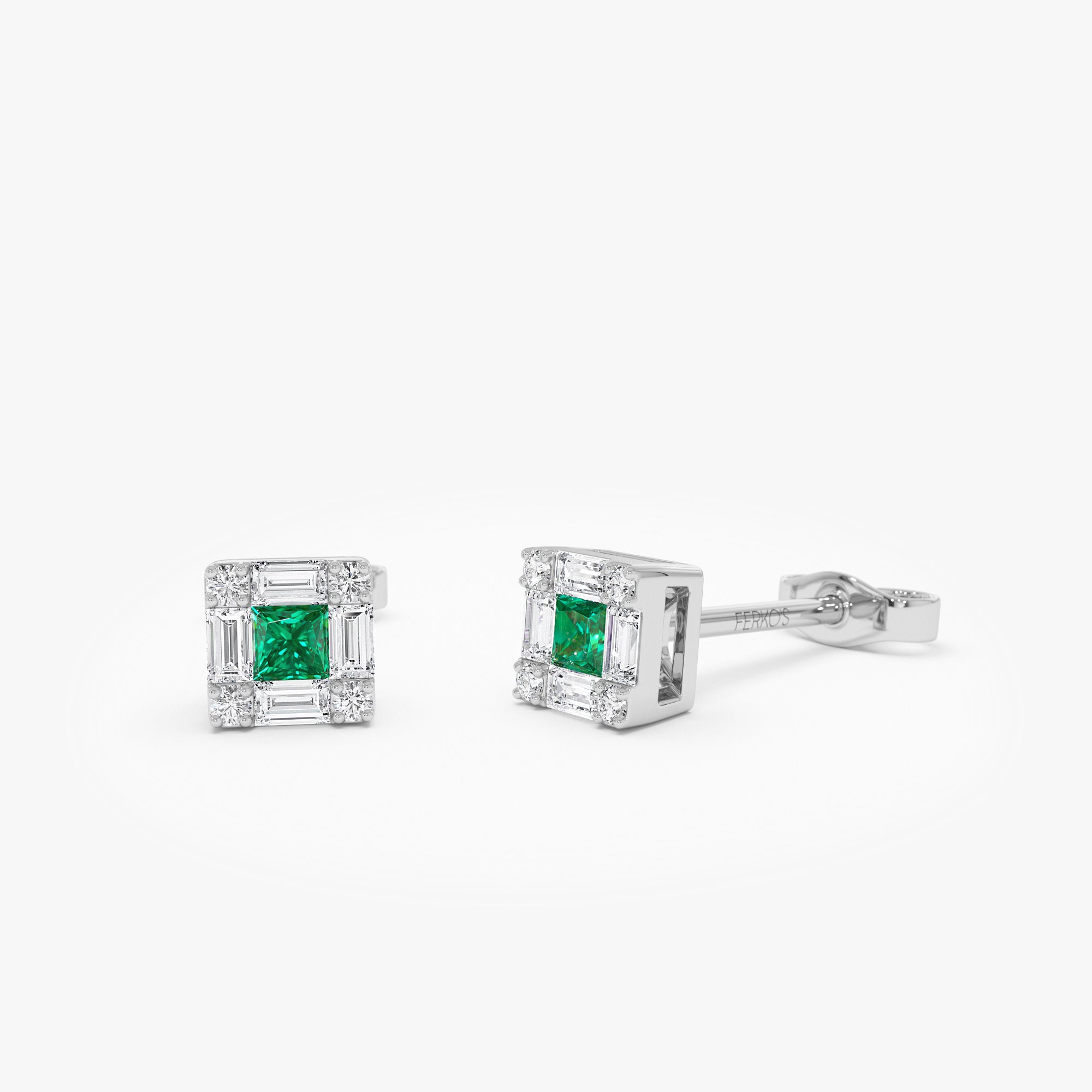 OBFJ0878 - 14K Princess-Cut Emerald Stud Earrings with Diamond Halo 6