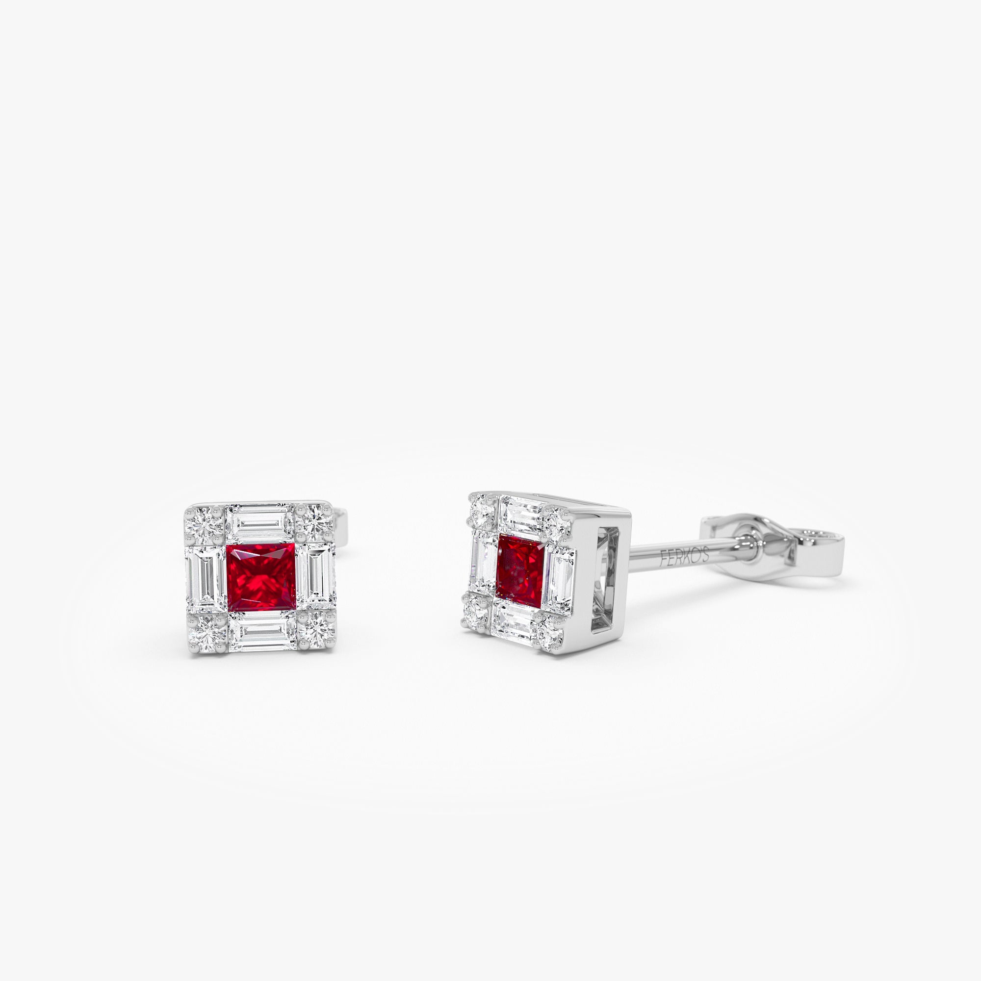 OBFJ0877 - 14K Princess-Cut Ruby Stud Earrings with Diamond Halo 6