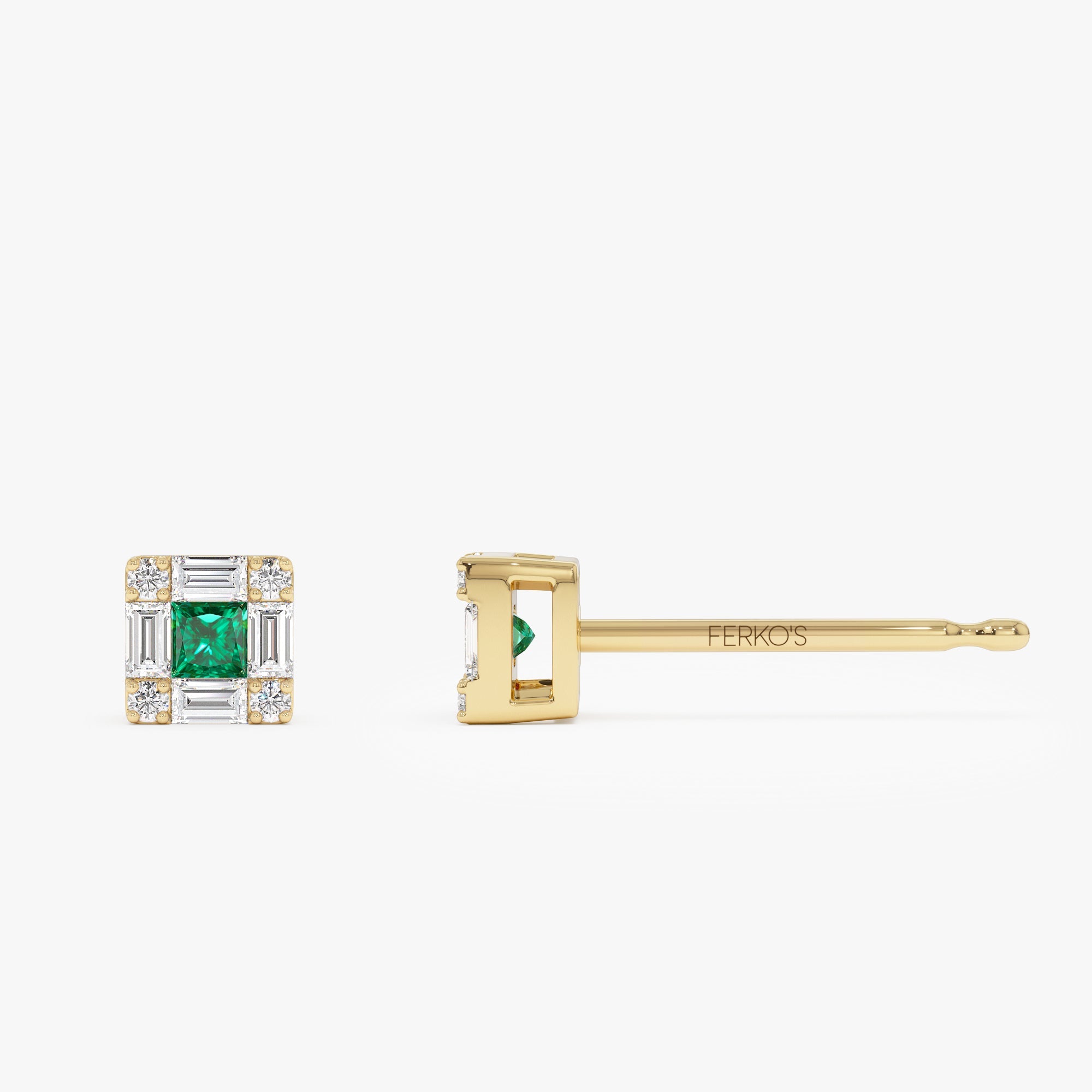 OBFJ0878 - 14K Princess-Cut Emerald Stud Earrings with Diamond Halo 7