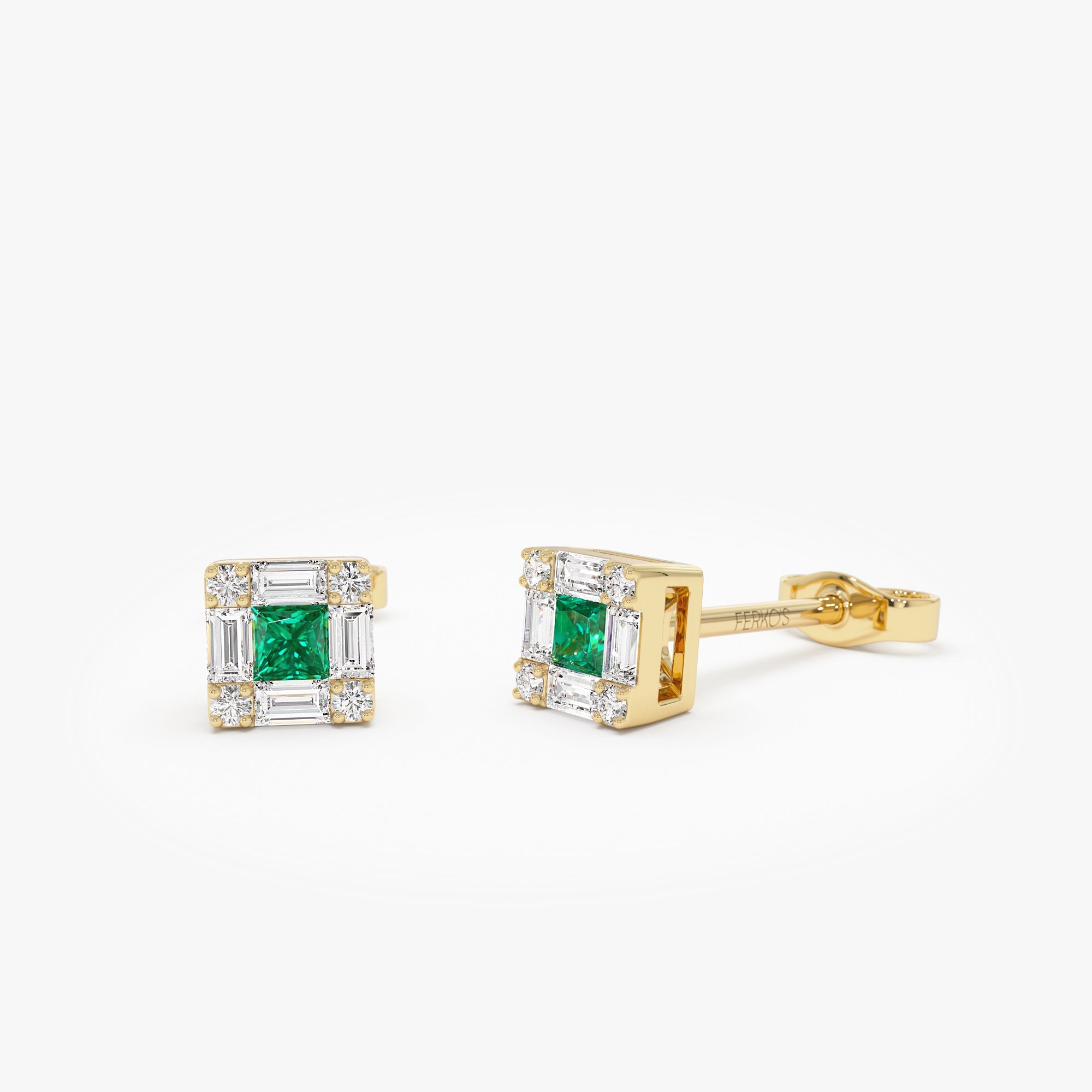 OBFJ0878 - 14K Princess-Cut Emerald Stud Earrings with Diamond Halo 1
