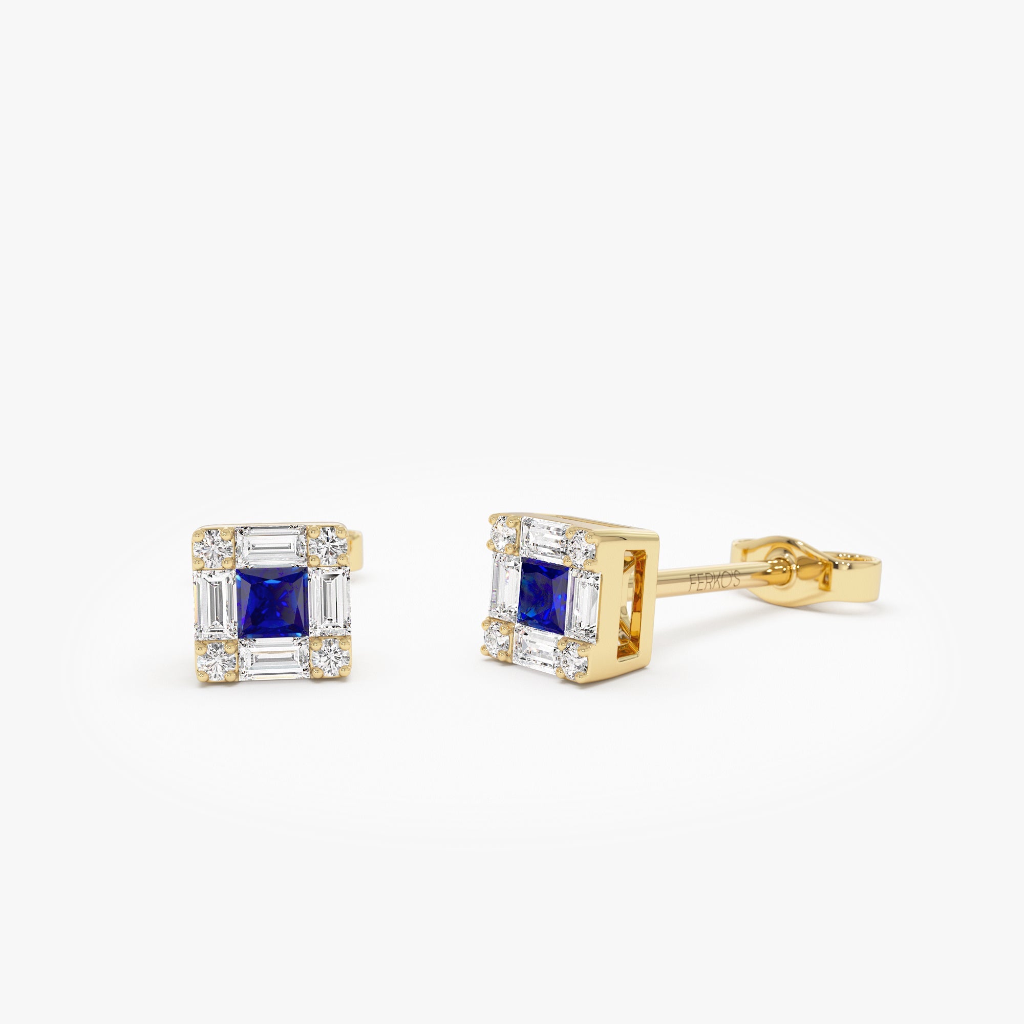 OBFJ0876 - 14K Princess-Cut Sapphire Stud Earrings with Diamond Halo 1