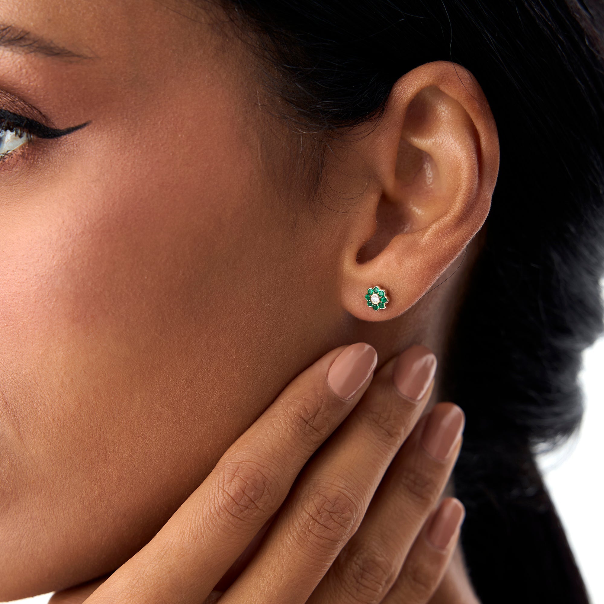 OBFJ0892 - 14K Bezel Setting Emerald Flower Diamond Studs 4