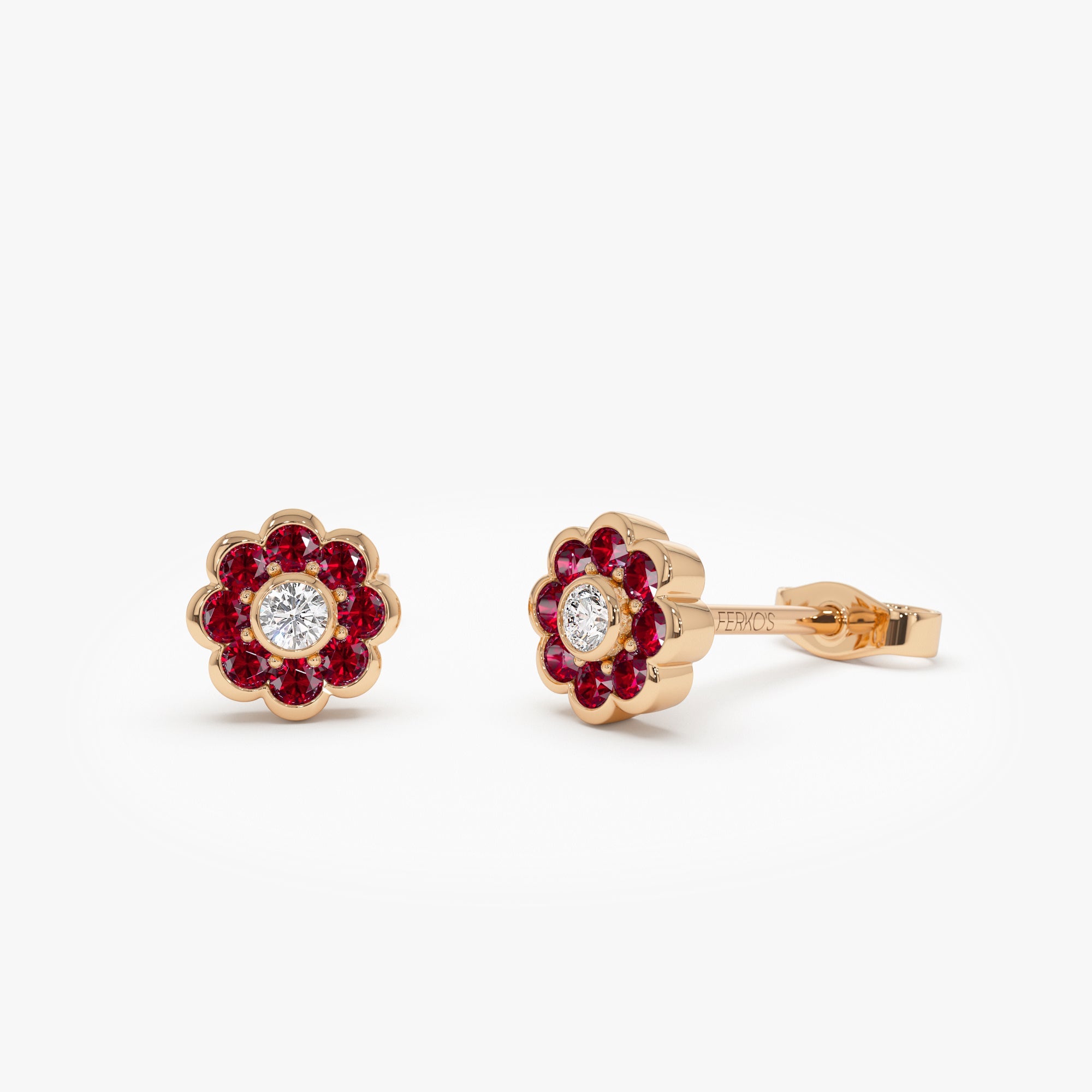 OBFJ0891 - 14K Bezel Setting Ruby Flower Diamond Studs 5