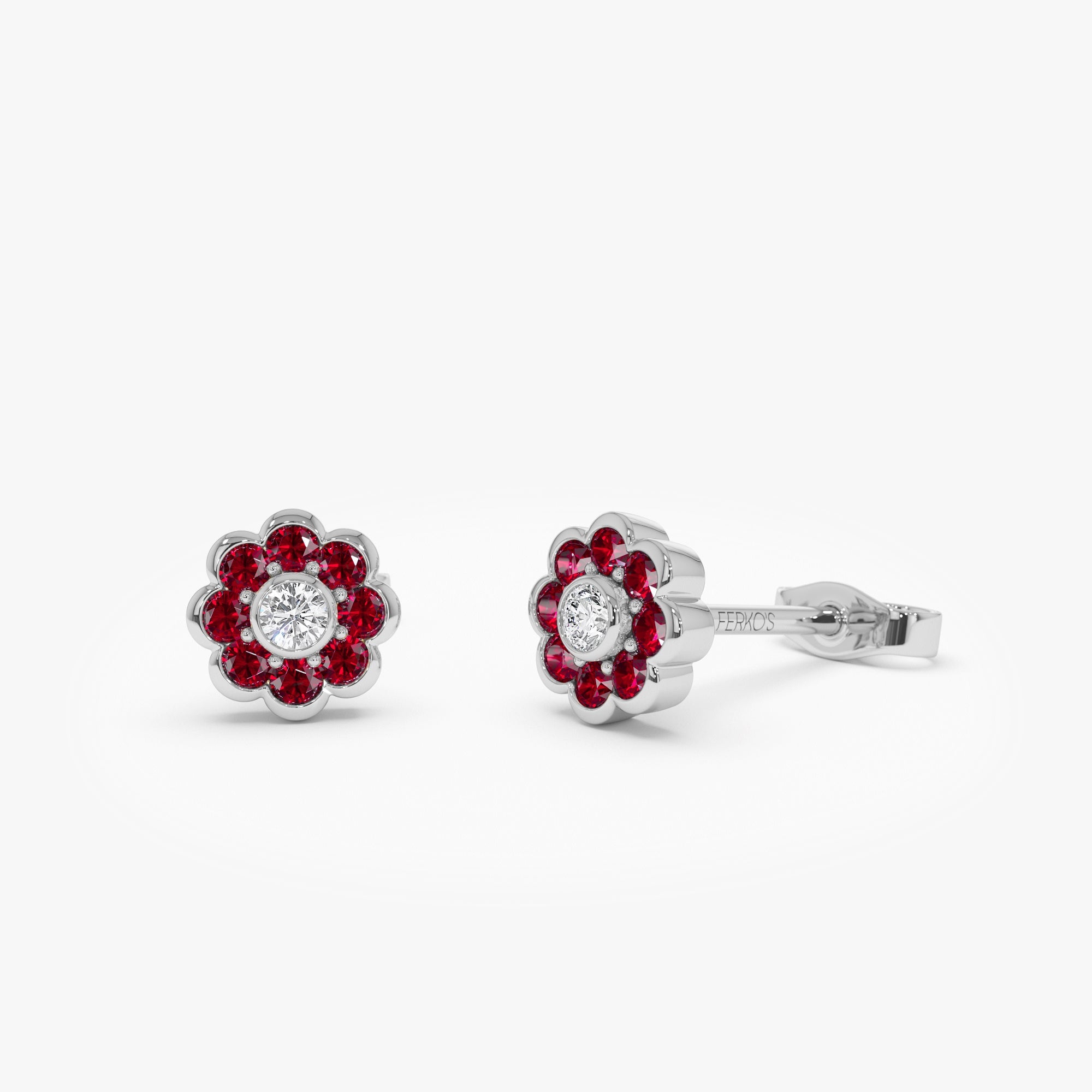OBFJ0891 - 14K Bezel Setting Ruby Flower Diamond Studs 6