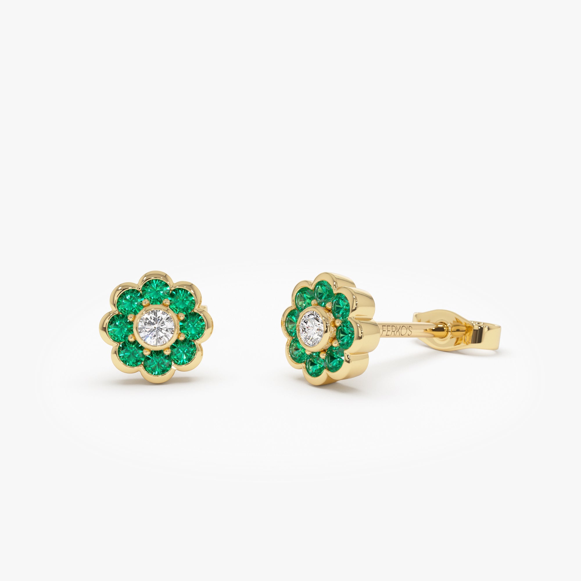 OBFJ0892 - 14K Bezel Setting Emerald Flower Diamond Studs 1