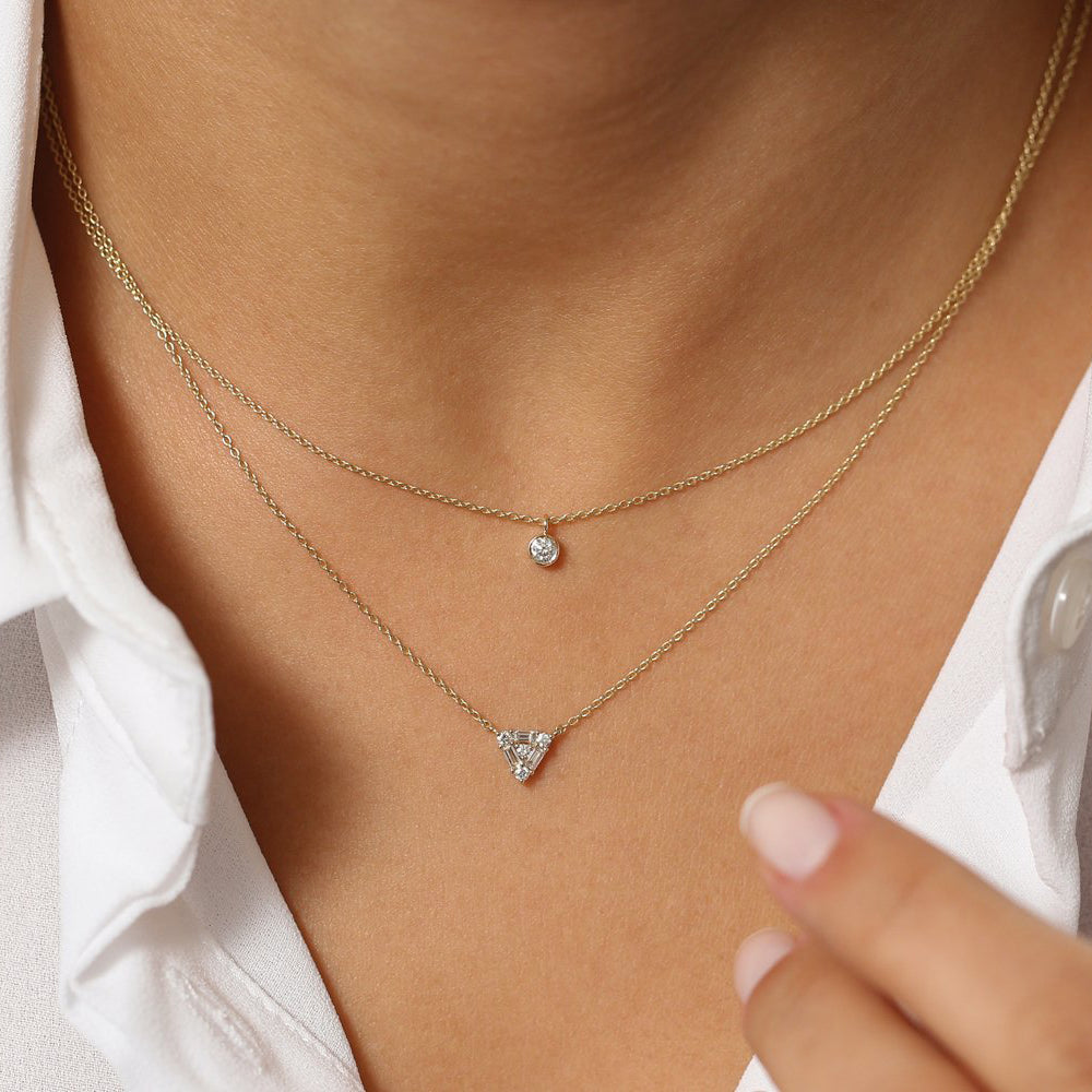 OBFJ2000 - Triangle Shaped Round and Baguette Diamond Necklace necklace in selectable metal and diamond options - Roselle Jewelry view 3