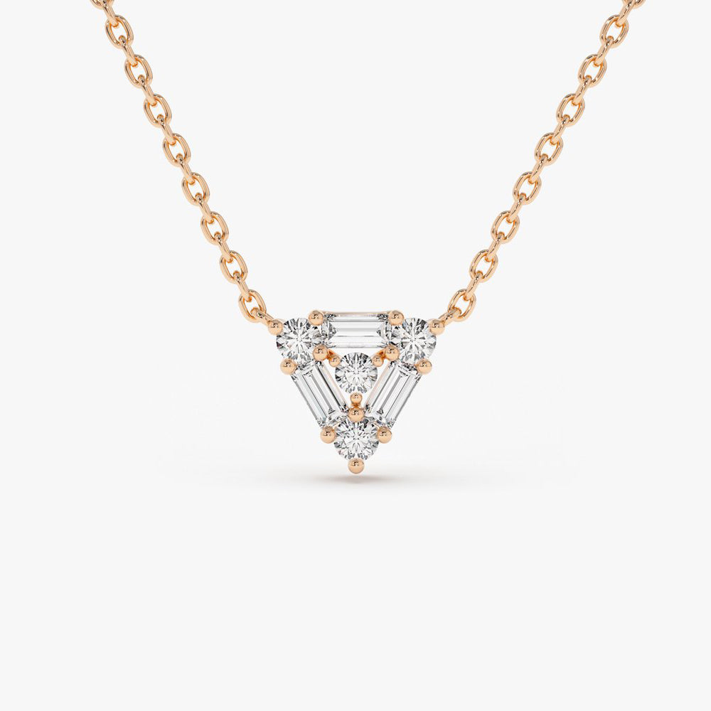 OBFJ2000 - Triangle Shaped Round and Baguette Diamond Necklace necklace in selectable metal and diamond options - Roselle Jewelry view 4