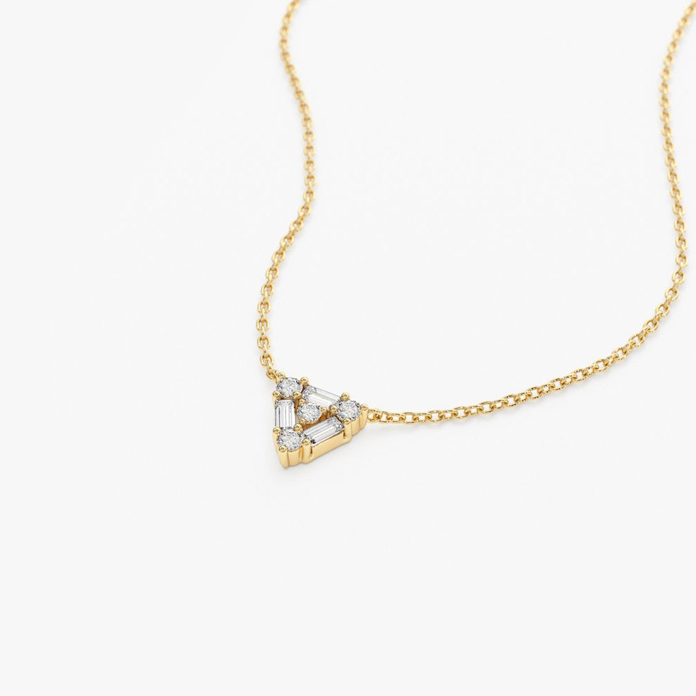 OBFJ2000 - Triangle Shaped Round and Baguette Diamond Necklace necklace in selectable metal and diamond options - Roselle Jewelry view 6