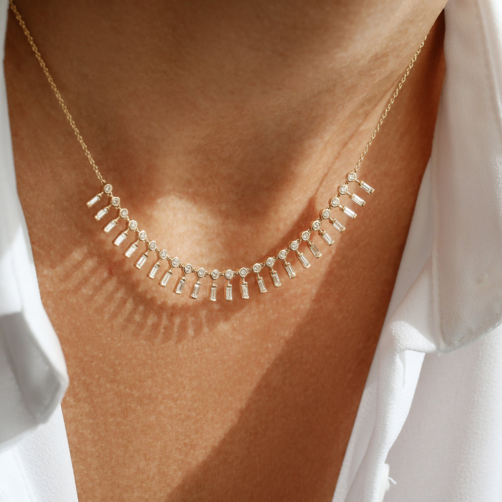 OBFJ2084 - Baguette and Round Diamonds Statement Piece Necklace necklace in selectable metal and diamond options - Roselle Jewelry view 3