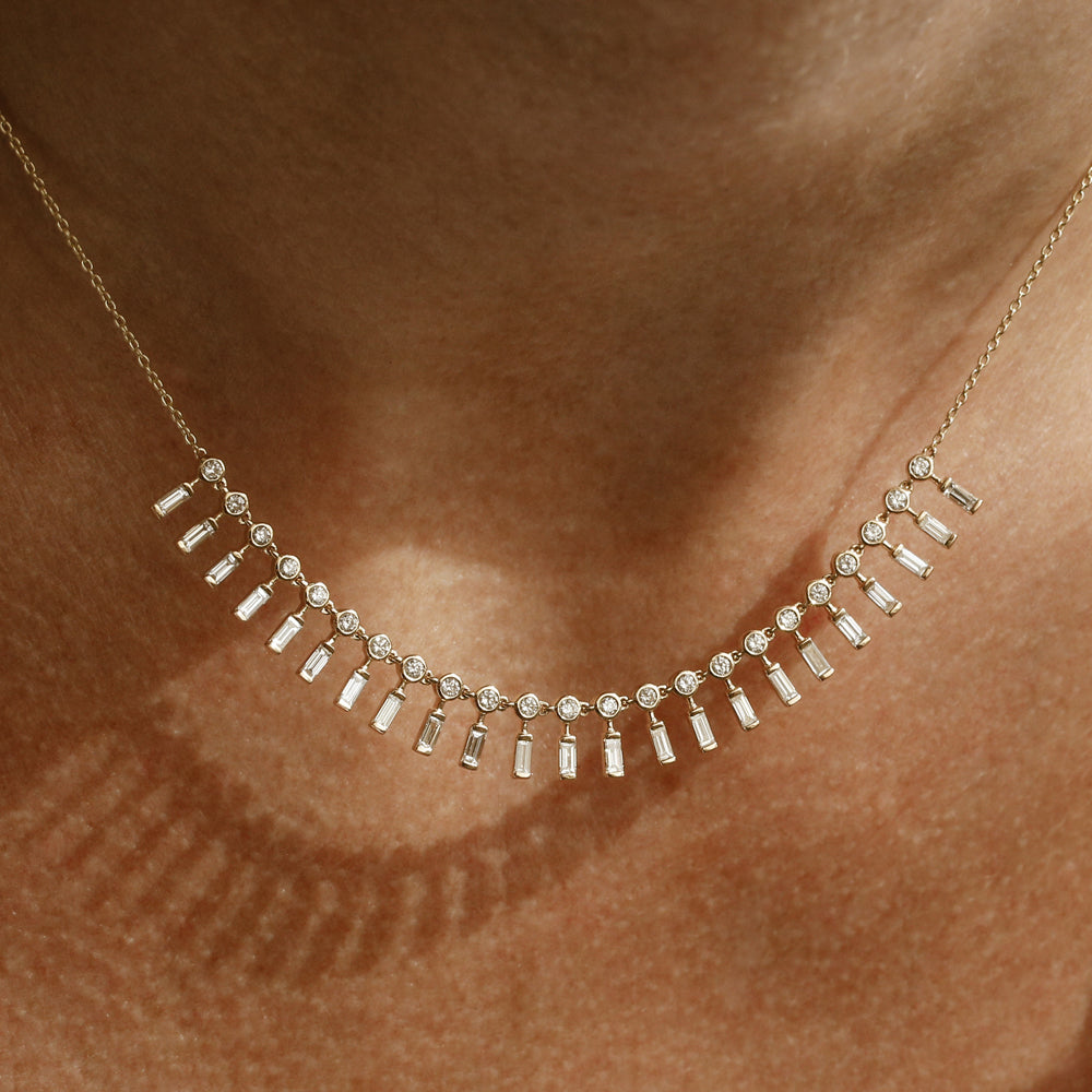 OBFJ2084 - Baguette and Round Diamonds Statement Piece Necklace necklace in selectable metal and diamond options - Roselle Jewelry view 2