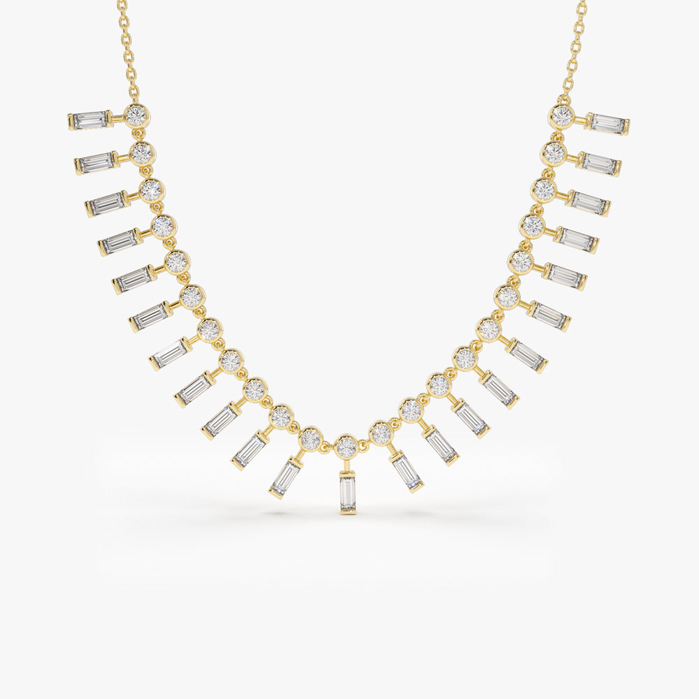OBFJ2084 - Baguette and Round Diamonds Statement Piece Necklace necklace in selectable metal and diamond options - Roselle Jewelry view 1