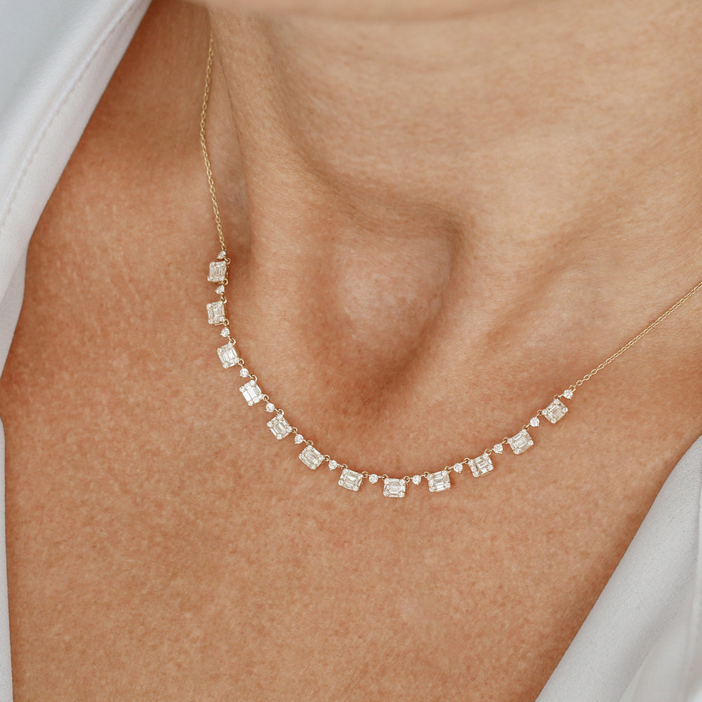 OBFJ2097 - Solid Gold Illusion Setting Baguette Diamond Statement Necklace necklace in selectable metal and diamond options - Roselle Jewelry view 3