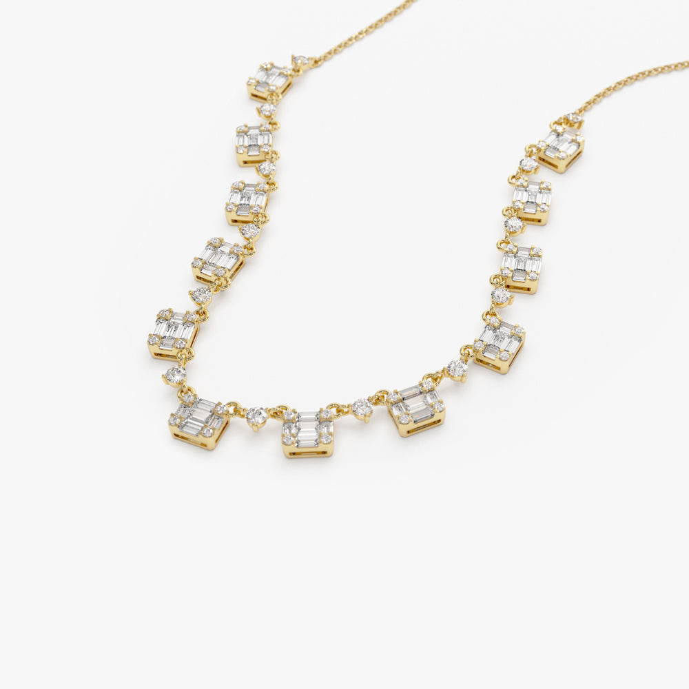 OBFJ2097 - Solid Gold Illusion Setting Baguette Diamond Statement Necklace necklace in selectable metal and diamond options - Roselle Jewelry view 6