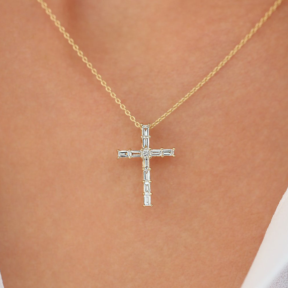 OBFJ1831 - Baguette Diamond Cross necklace in selectable metal and diamond options - Roselle Jewelry view 2