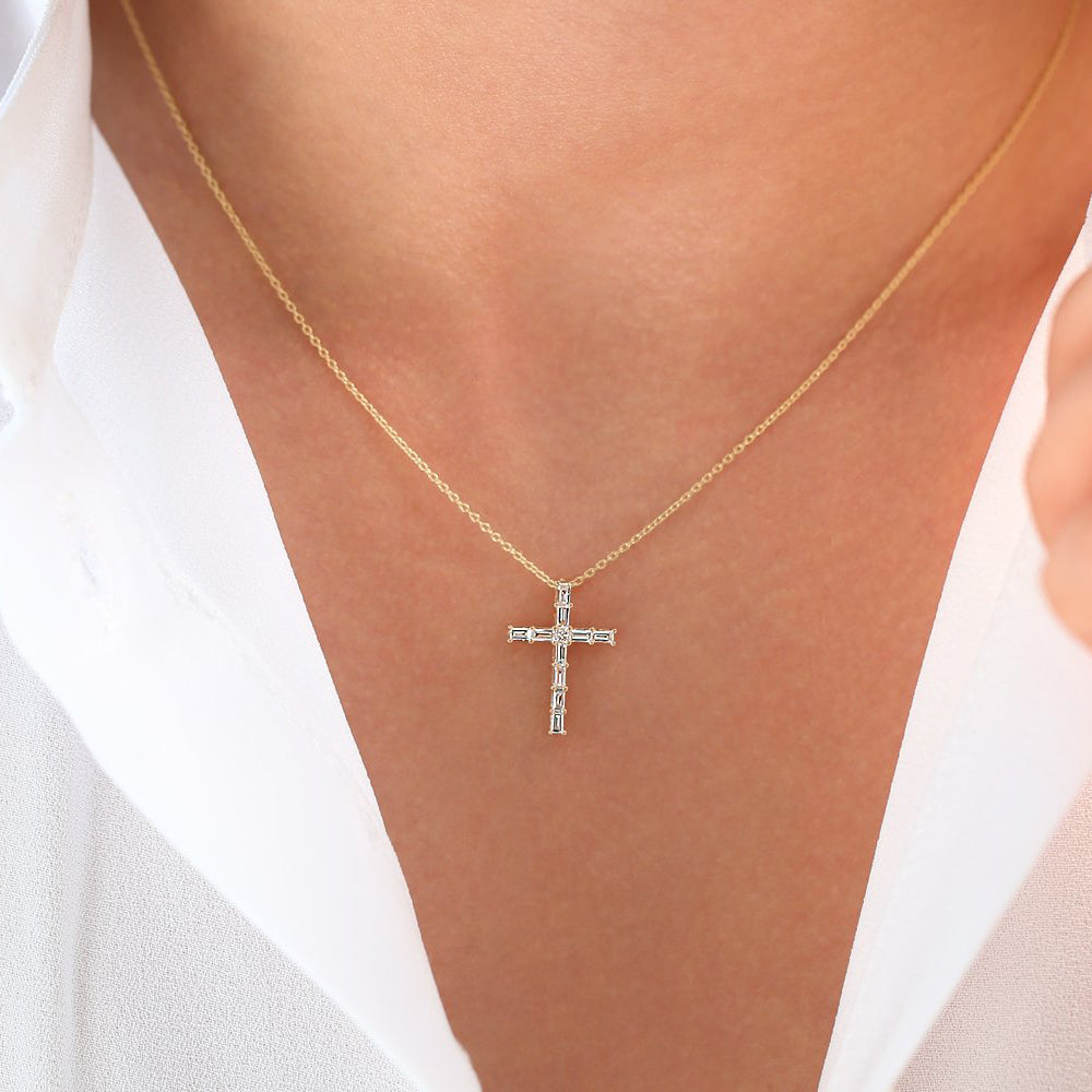OBFJ1831 - Baguette Diamond Cross necklace in selectable metal and diamond options - Roselle Jewelry view 3