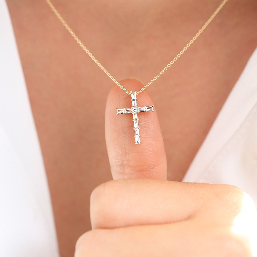 OBFJ1831 - Baguette Diamond Cross necklace in selectable metal and diamond options - Roselle Jewelry view 4
