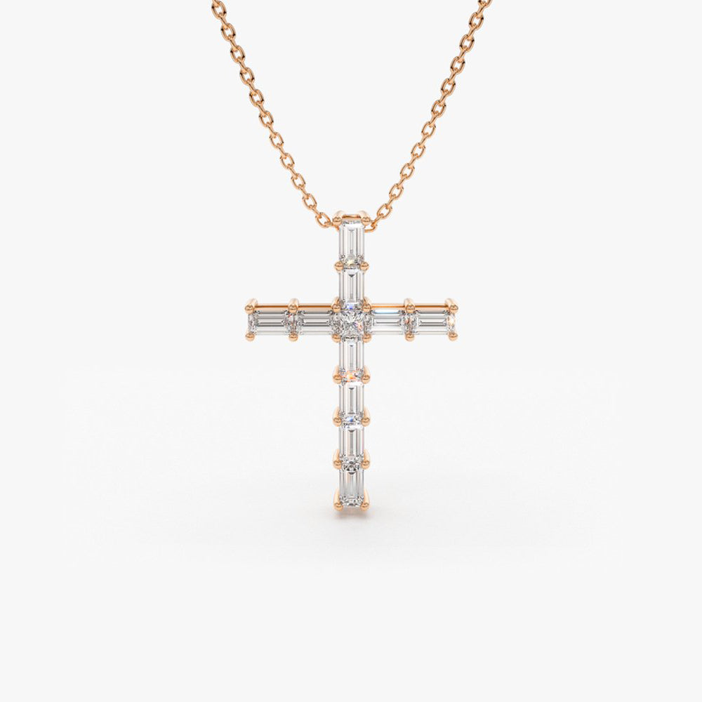OBFJ1831 - Baguette Diamond Cross necklace in selectable metal and diamond options - Roselle Jewelry view 6