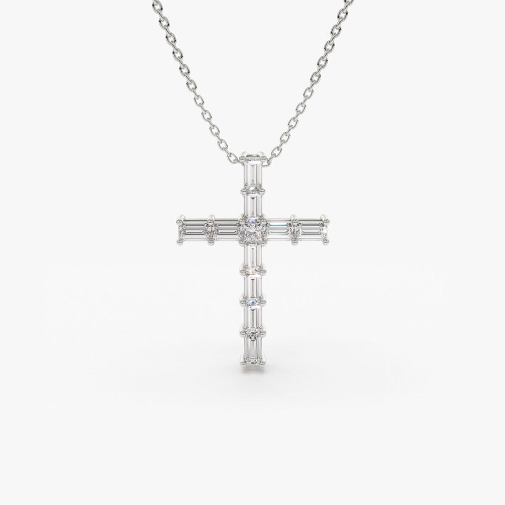 OBFJ1831 - Baguette Diamond Cross necklace in selectable metal and diamond options - Roselle Jewelry view 7