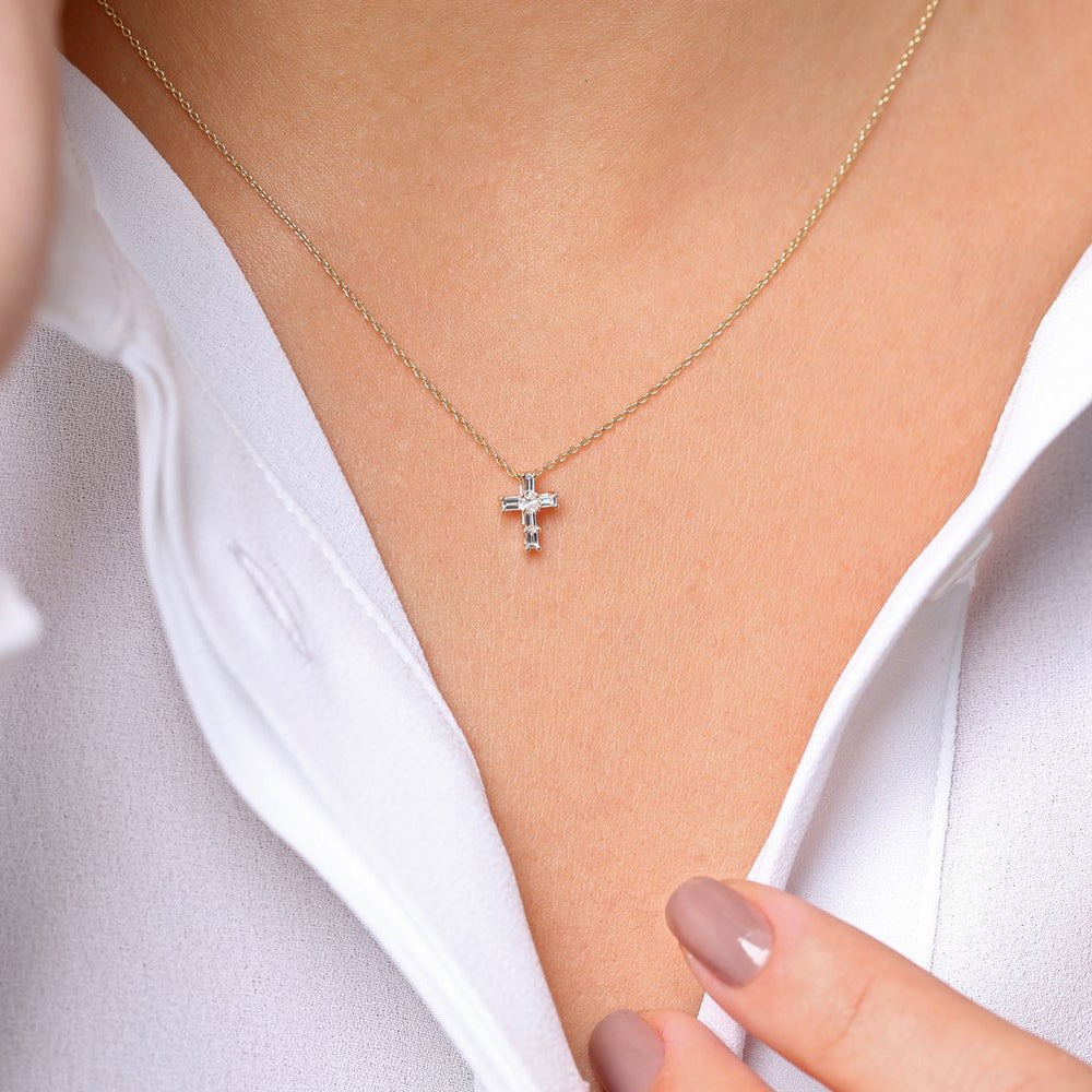 OBFJ0214 - 14K Rose Gold Baguette Diamond Tiny Cross Necklace 3
