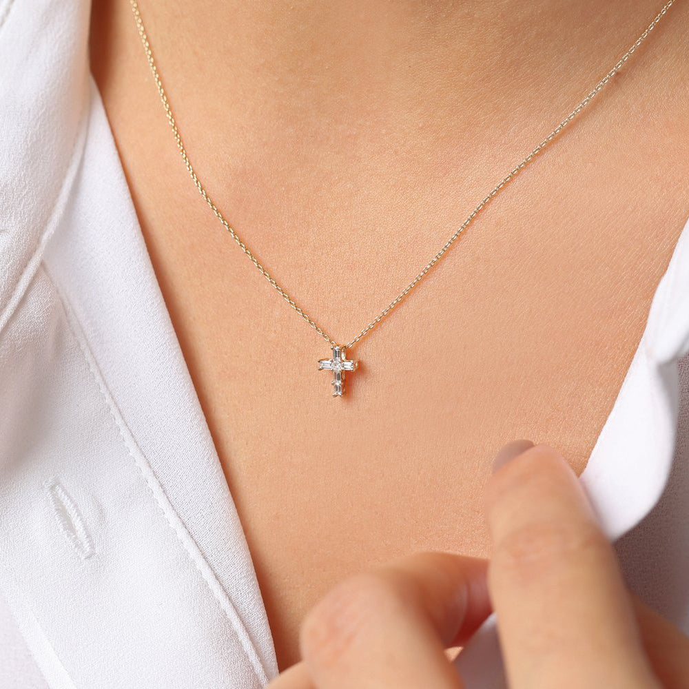 OBFJ0214 - 14K Rose Gold Baguette Diamond Tiny Cross Necklace 5