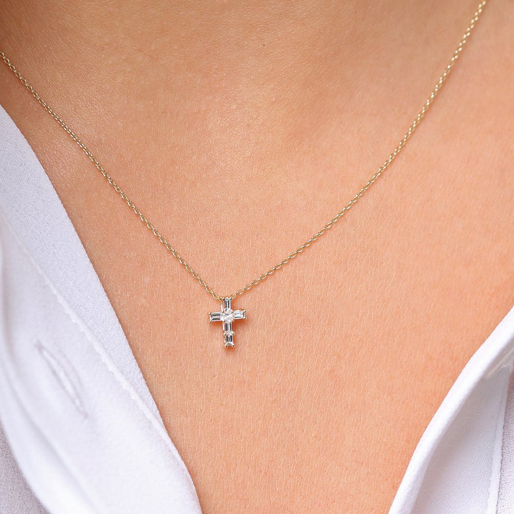 OBFJ0214 - 14K Rose Gold Baguette Diamond Tiny Cross Necklace 4