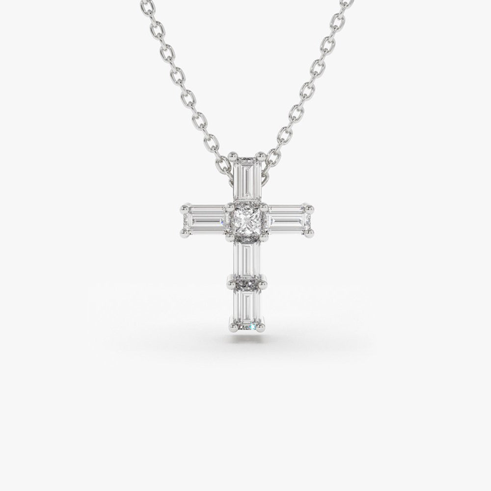 OBFJ1881 - Baguette Diamond Tiny Cross Necklace necklace in selectable metal and diamond options - Roselle Jewelry view 8