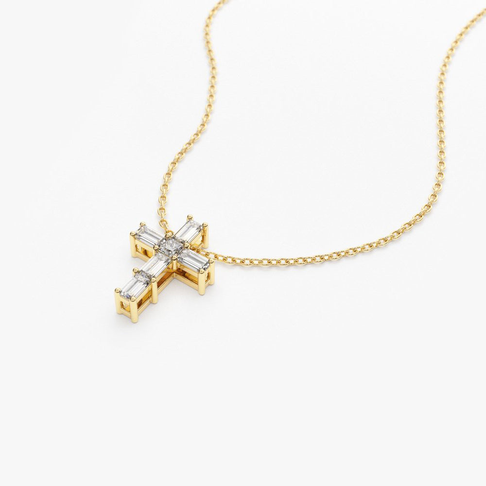 OBFJ1881 - Baguette Diamond Tiny Cross Necklace necklace in selectable metal and diamond options - Roselle Jewelry view 9
