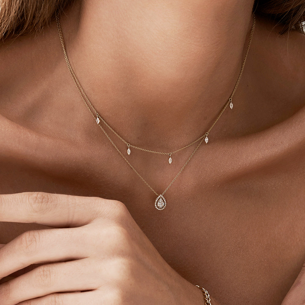 OBFJ0113 - 14K Rose Pear Shaped Illusion Setting Halo Diamond Necklace 2