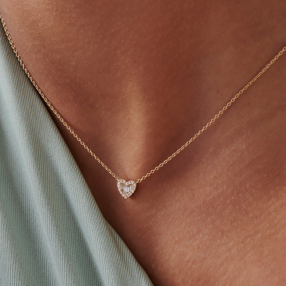 OBFJ2236 - Round and Baguette Diamond Mini Heart Necklace in necklace in selectable metal and diamond options - Roselle Jewelry view 6