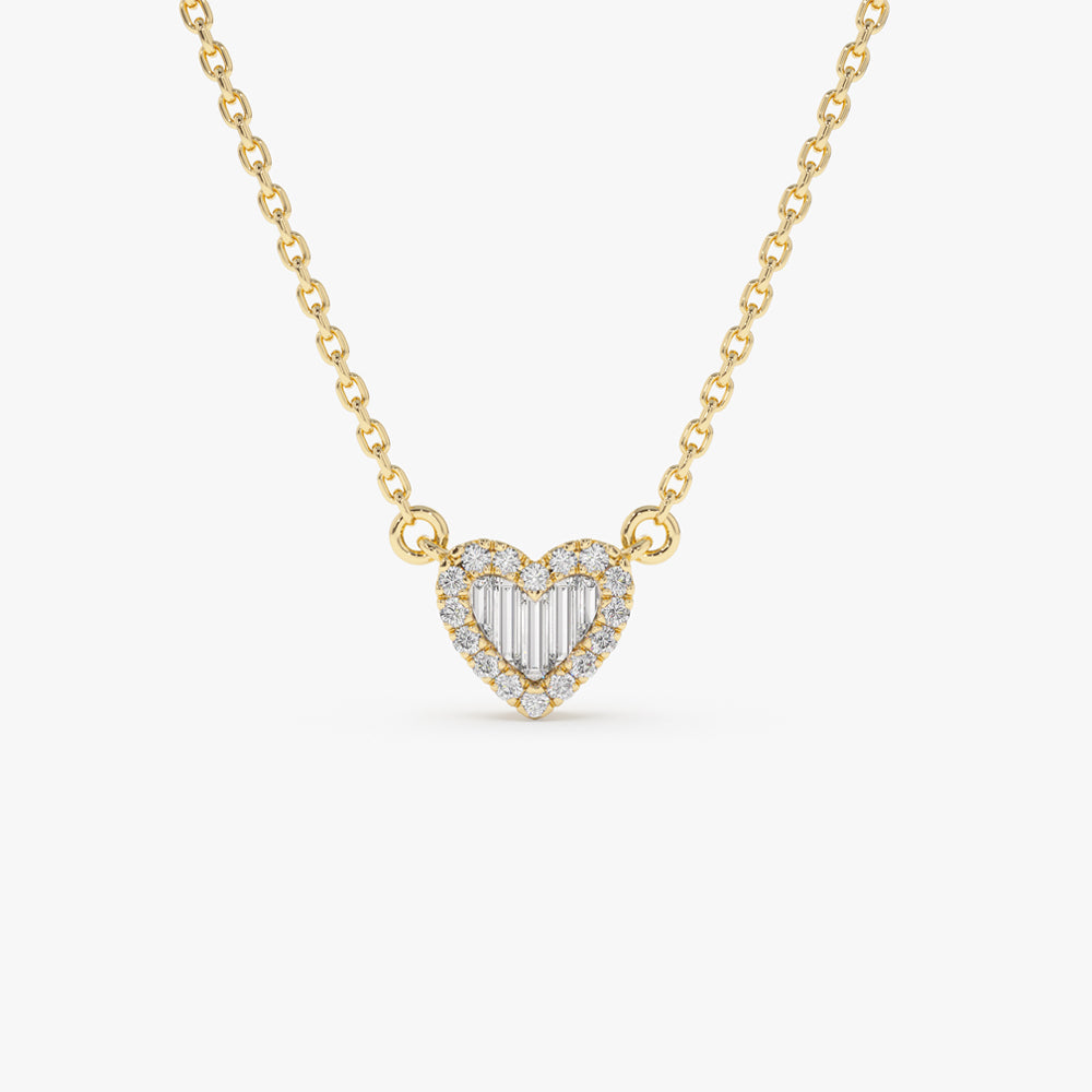 OBFJ2236 - Round and Baguette Diamond Mini Heart Necklace in necklace in selectable metal and diamond options - Roselle Jewelry view 1