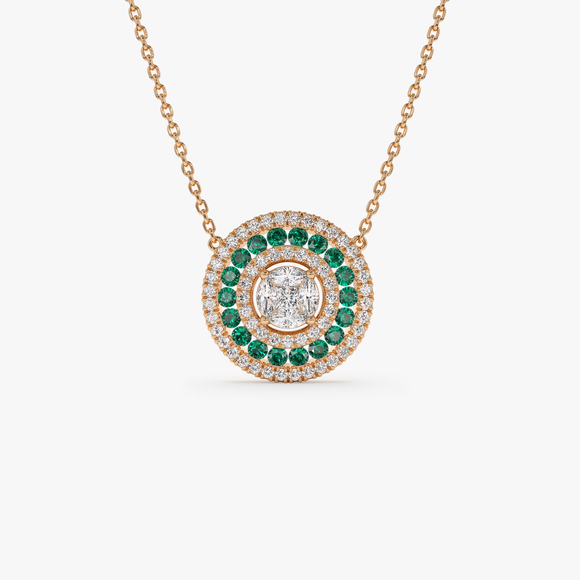OBFJ1044 - 14K Gold Round Diamond Emerald Necklace 6