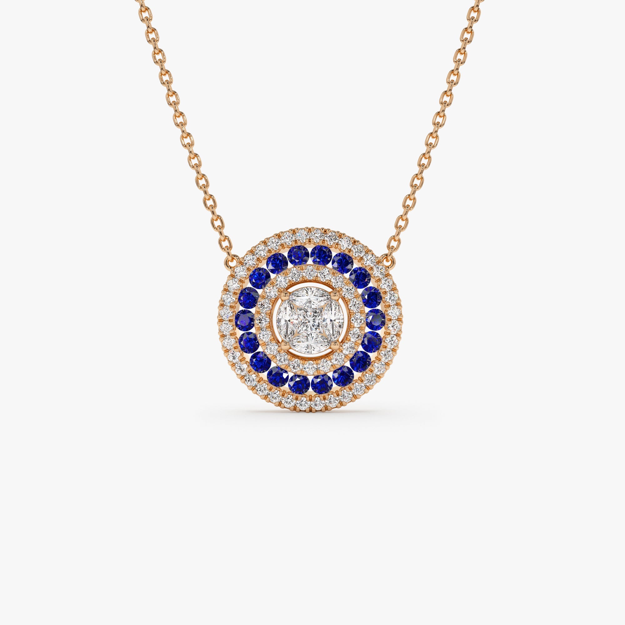 OBFJ1042 - 14K Gold Round Diamond Sapphire Necklace 7